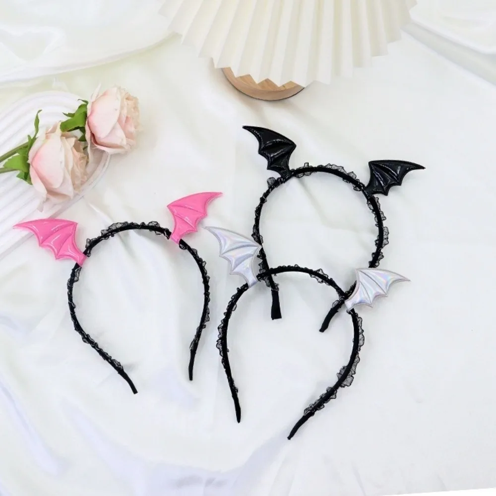 Punk Flower Bat Wings Hairband Mesh PU Leather Headband Necklace Set Gothic Lace Halloween Hair Hoop Kids