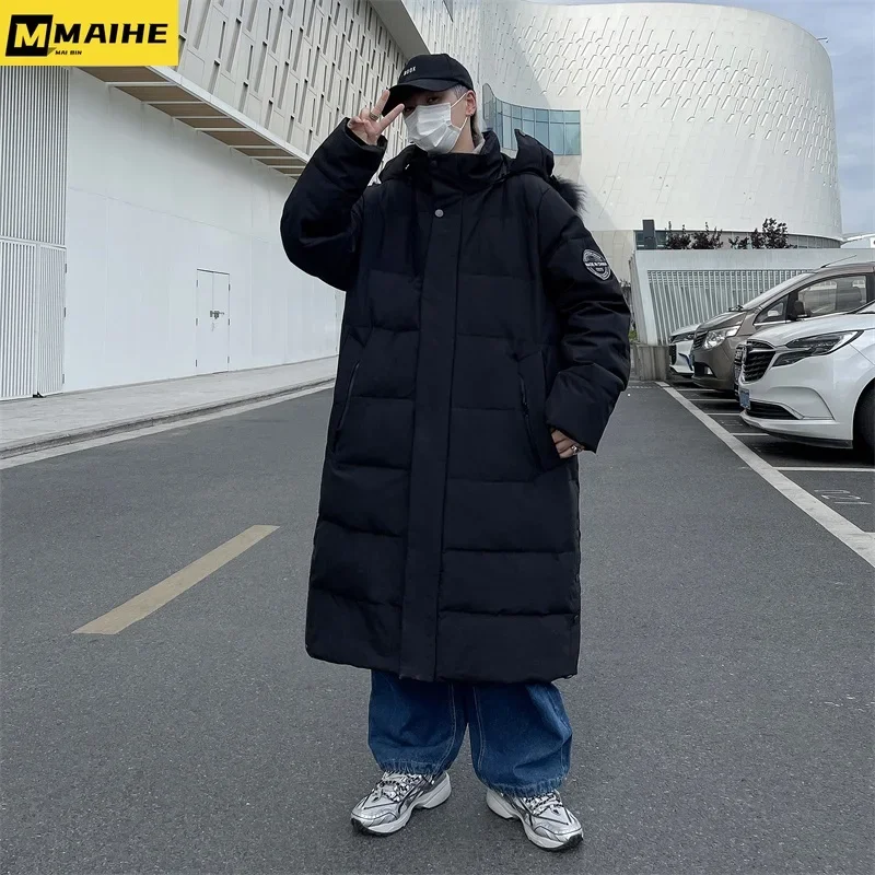 Doudoune longue à capuche pour homme, manteau épais, parka chaude, coupe-vent, ski, résines blanches, mode Kpop, extérieur, hiver