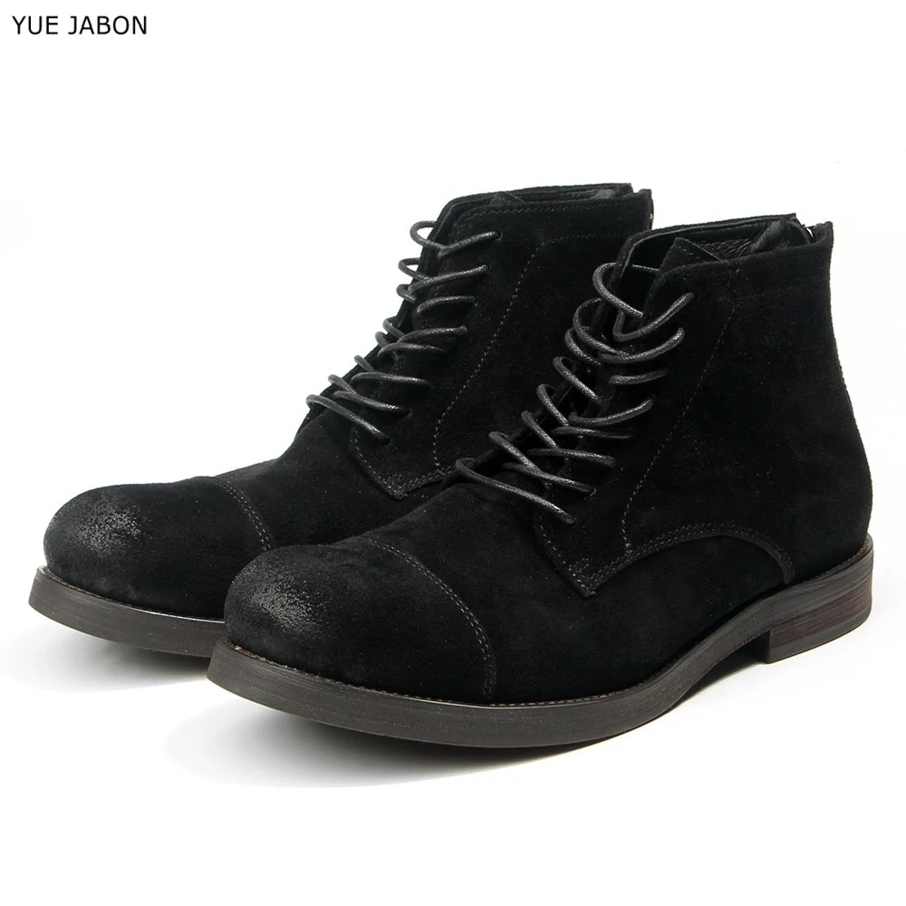 New Black Cow Suede Men Short Boots Genuine Leather Casual Shoes Lace-up Outdoor Tooling Desert Boots Platform Motorcycle Boots