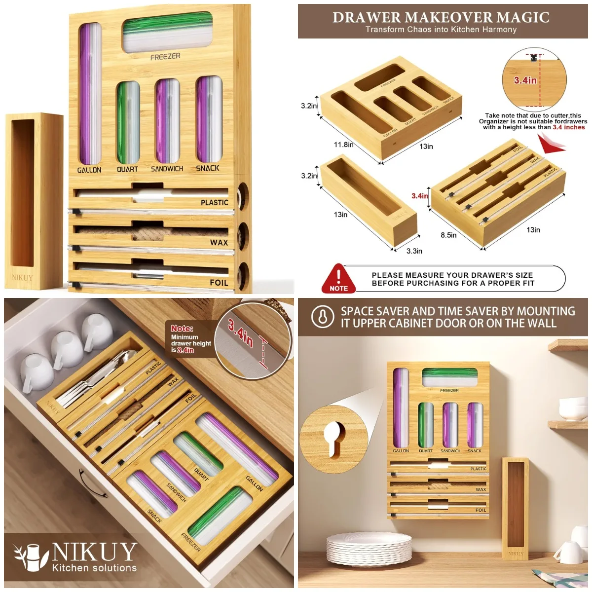 

9-in-1 Bamboo Kitchen Drawer Organizer with Labels for Plastic & Food Storage Bags