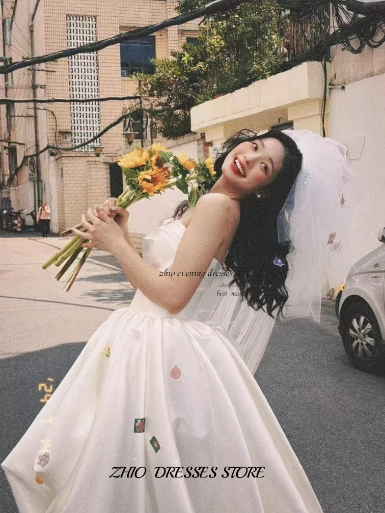 ZHIO ที่กําหนดเองเกาหลีชุดแต่งงาน A-Line ซาตินไม่สมมาตรรัดตัวจีบชุดเจ้าสาวถ่ายภาพชุดปาร์ตี้ชุด