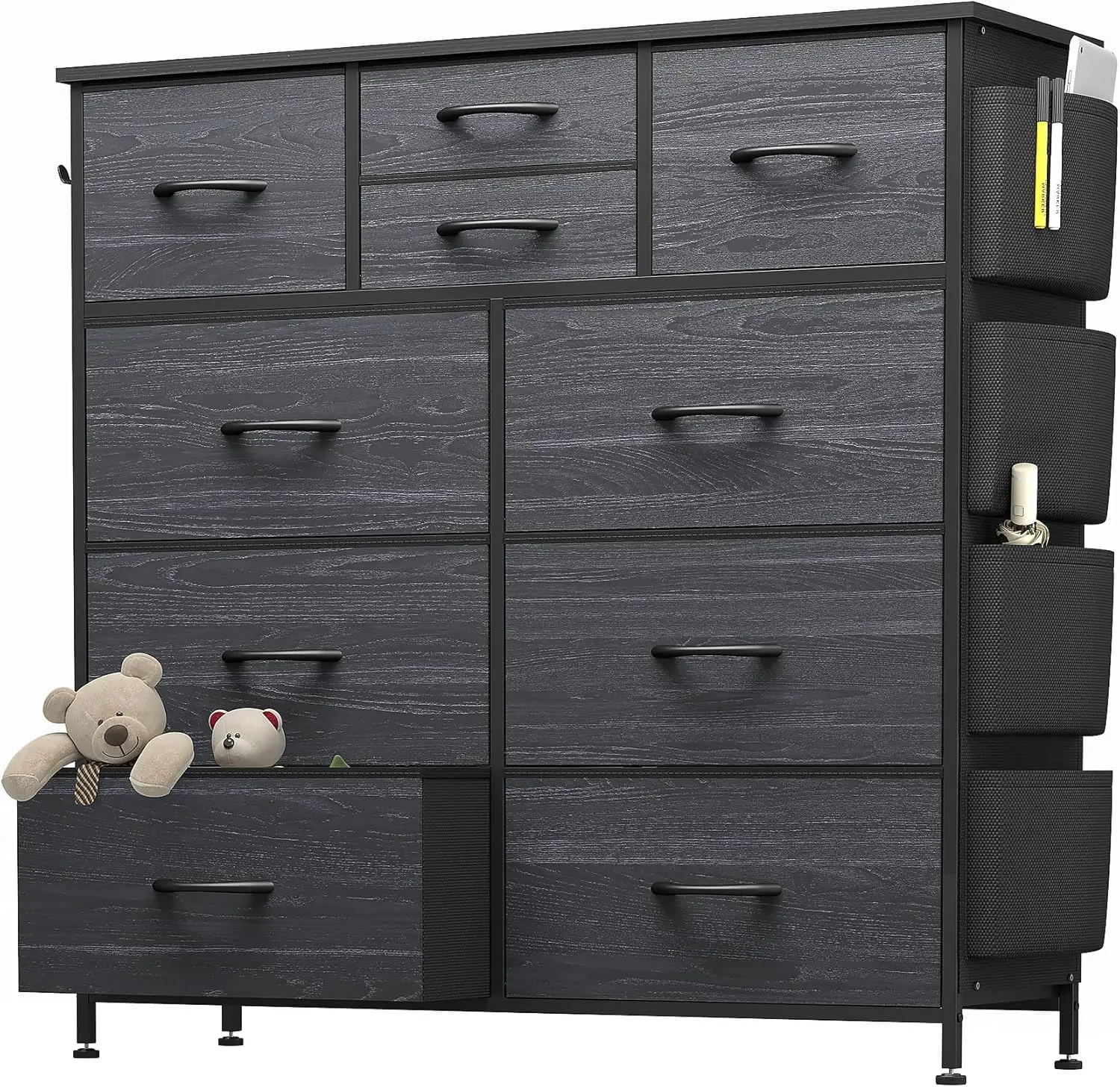 

Bedroom with 10 Drawers, Chest of Drawers with Side Pockets, Hooks, Wooden Top and Sturdy Metal Frame, Fabric Dresser Drawers fo