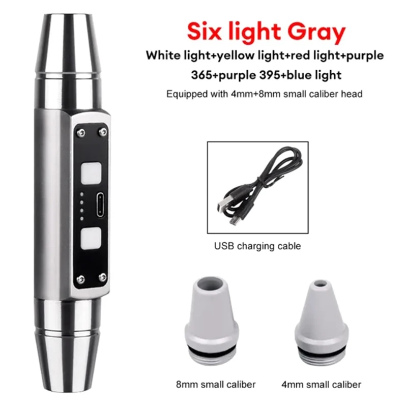 Double Head Jade Flashlight 6 Light Source USB Direct Charging Identification Jewelry Jade Fluorescent Lamp, Silver Easy To Use