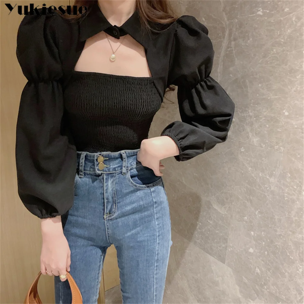 

Chic Solid Korean Sweet Women Shirt Hollow Out Halter Top Puff Sleeve Blouse Fashion Pleated Stretch Cropped Blusas Mujer