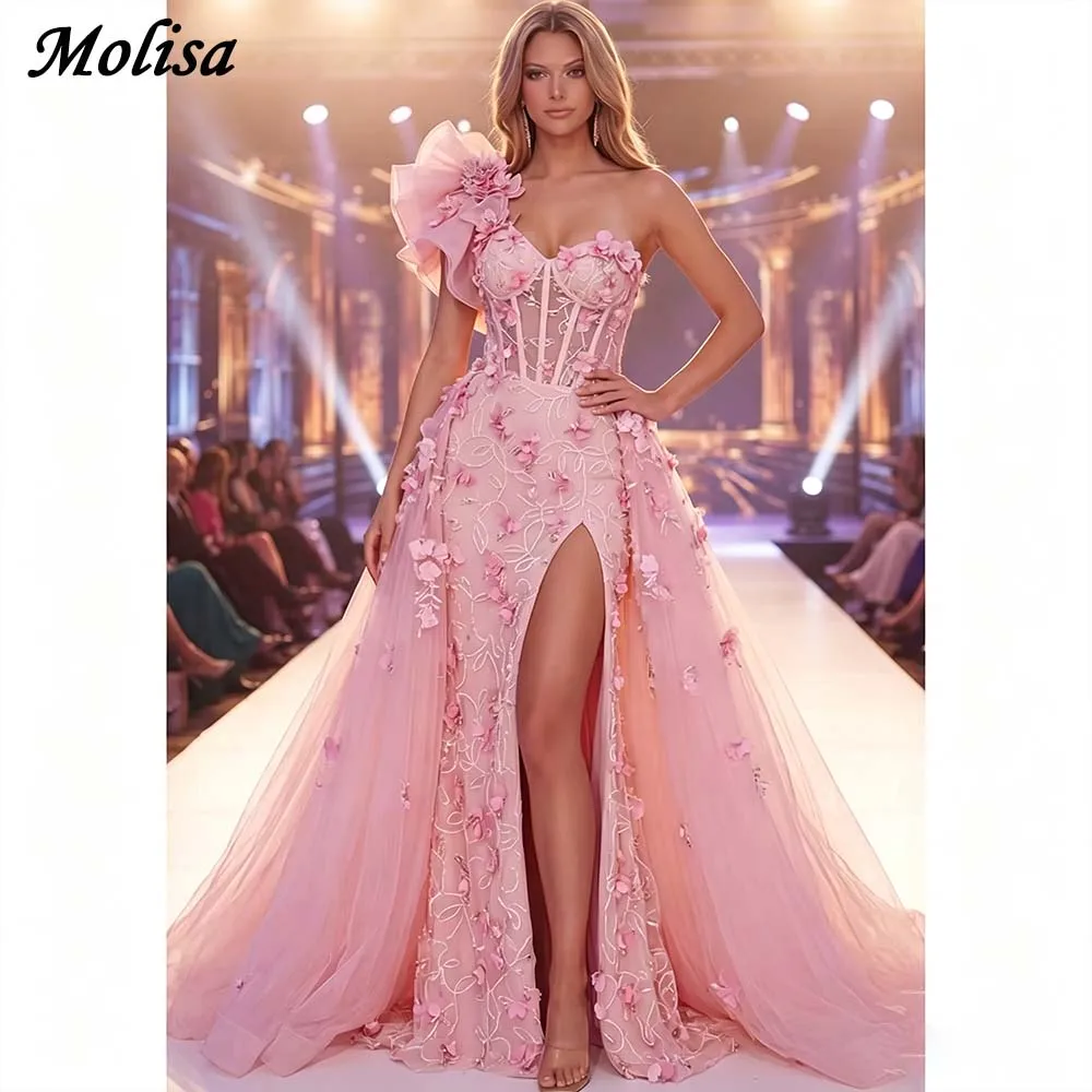 Klassische maßgeschneiderte formelle Abendkleider in Rosa, schulterfrei, 3D-Blumen, Ballkleider, Korsett, Seitenschlitz, Applikationen, Partykleid