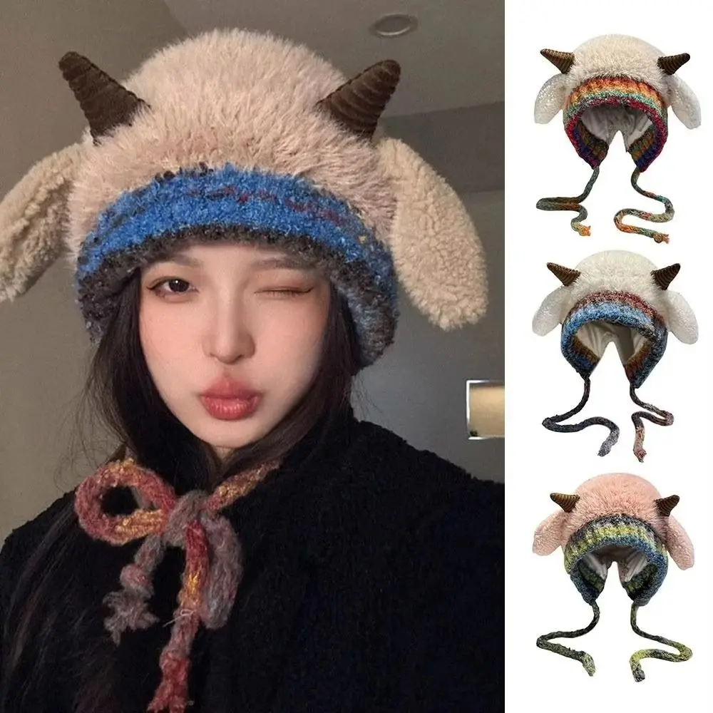 Versatile Korean Style Ear Protection Hat Cartoon Ear Sound Lamb Beanie Hat Keep Warm Soft Women Fluffy Hat Autumn and Winter