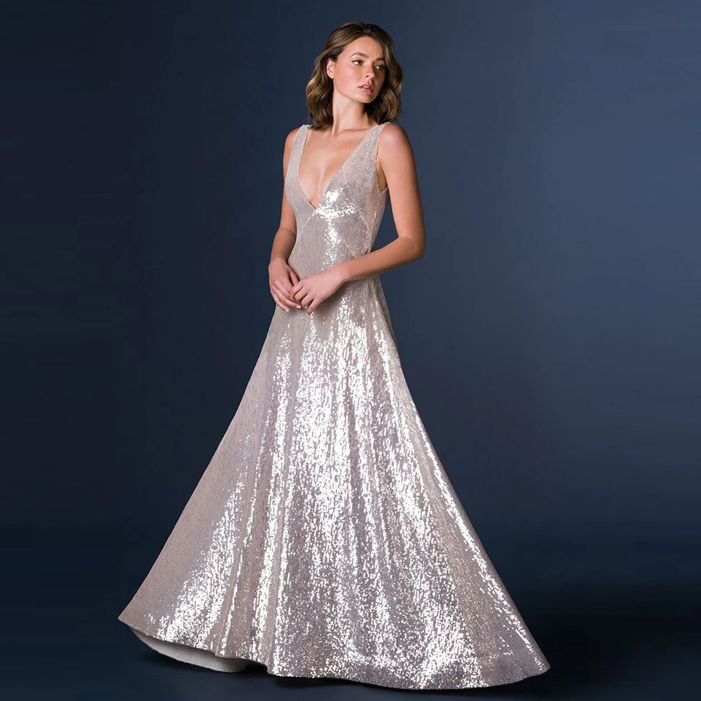 Vestido feminino elegante de noite com lantejoulas, sexy, decote em v profundo, cetim, slim fit, sem mangas, outono, festa, coquetel, rabo de peixe, vestidos de casamento