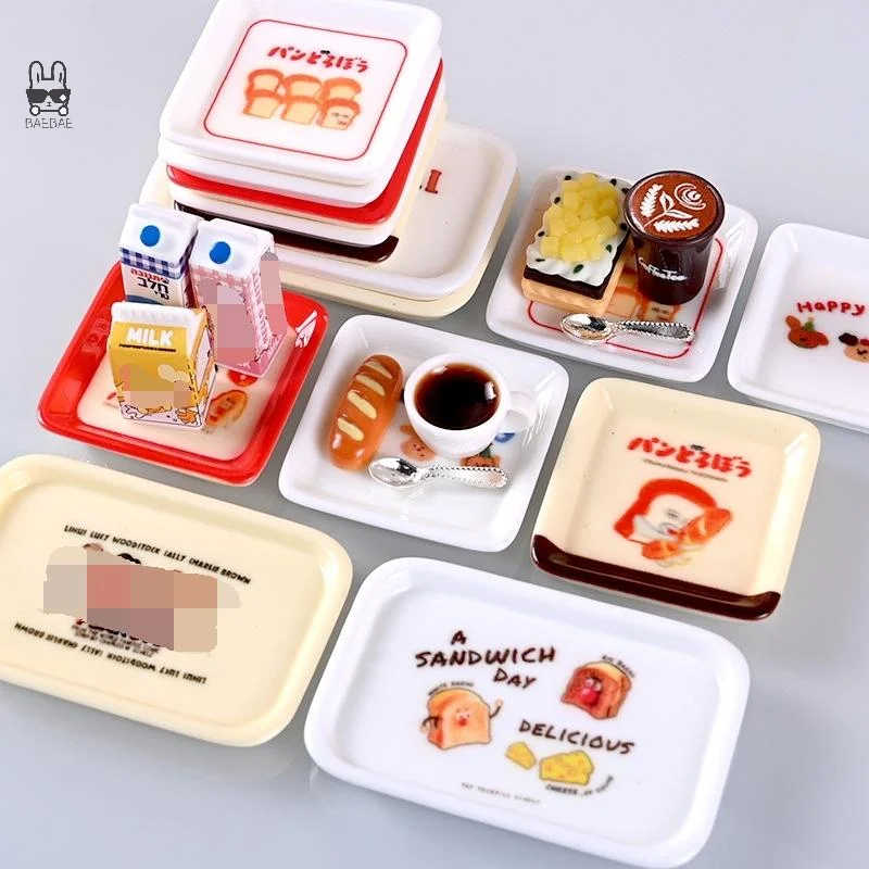 10 Uds 1/12 casa de muñecas de dibujos animados Mini bandeja platos conjunto casa de muñecas simulación cocina decoración juguete chico juguetes para juego de imitación