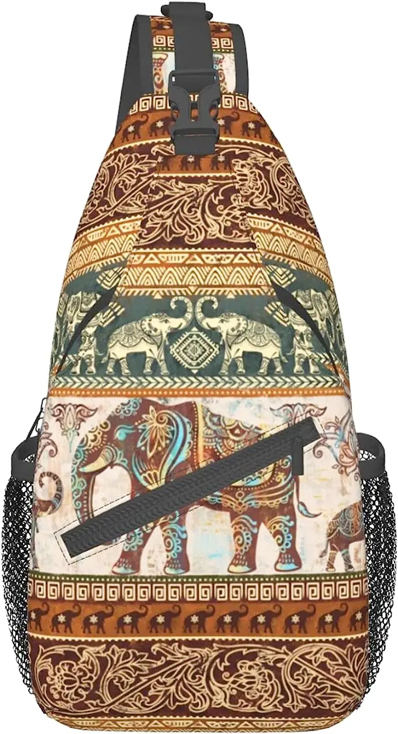 Hippie Elephant Ethnic Pattern Sling Bag Crossbody Sling Backpack for Women Men Travel Hiking Daypack Chest Shoulder Bag