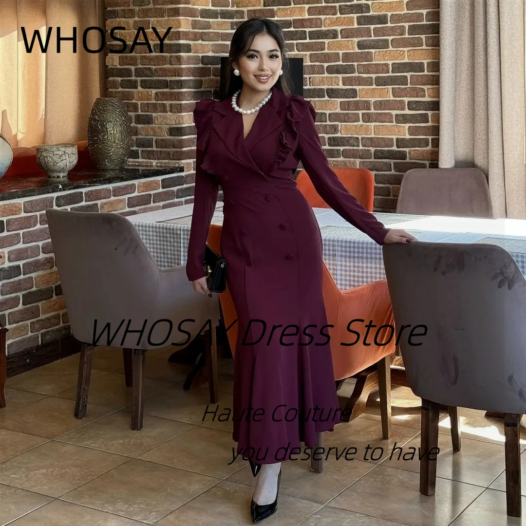 WHOSAY Lapel V Neck Prom Dresses with Buttons Ruched Long Sleeves платье вечернее Bespoke Ankle Length Evening Party Dress