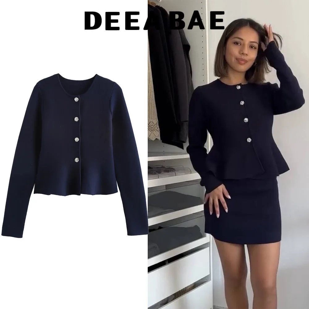 DEEABAE Autumn Women's Clothes New High-end Slim Fit Long Sleeved Flat Needle Round Neck Knit Cardigan Outerwear