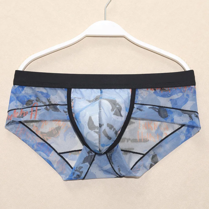 Sissy Transparent Underwear Men\'s U Convex Pouch Brief Sexy Summer Screen Printed Shorts Panties for Youth Breathable Underpants