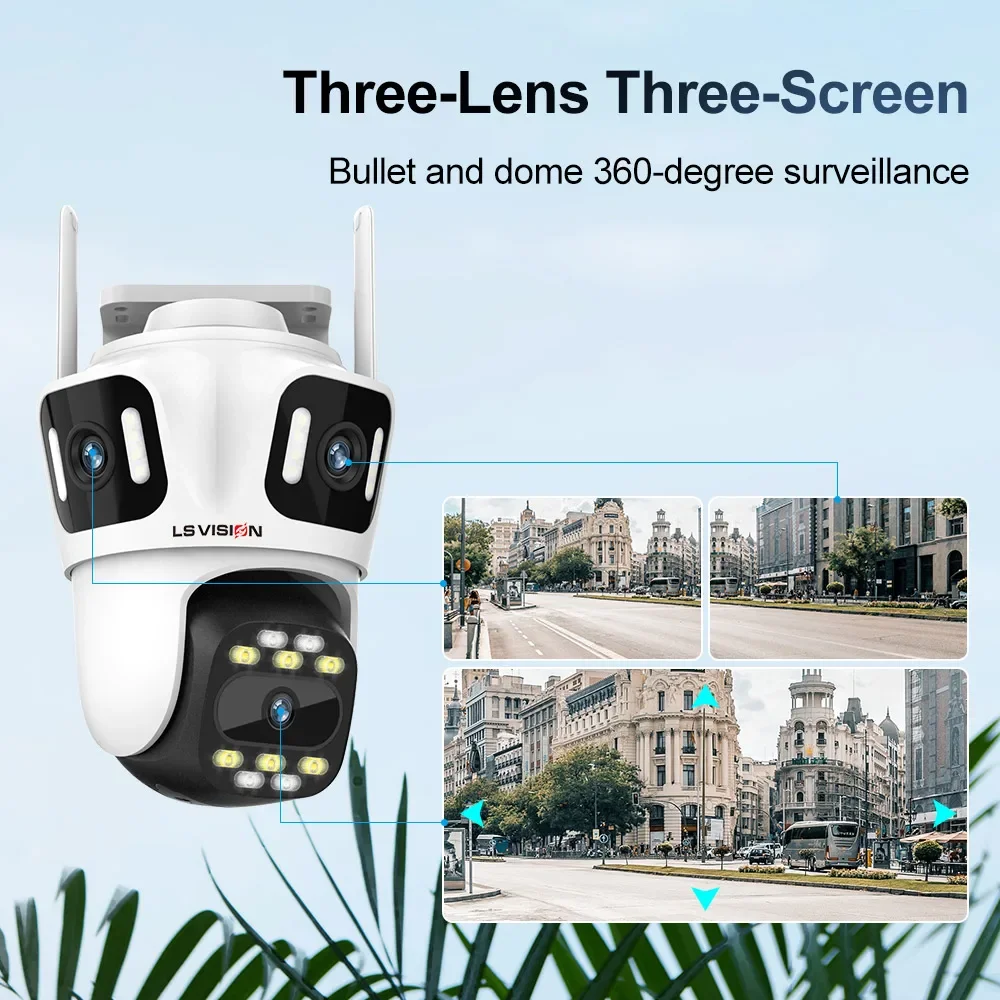 LS VISION 6K HD Three Screen PTZ IP Camera Outdoor Three Lens WiFi Security Camera Auto Tracking  CCTV Home Surveillance Cameras