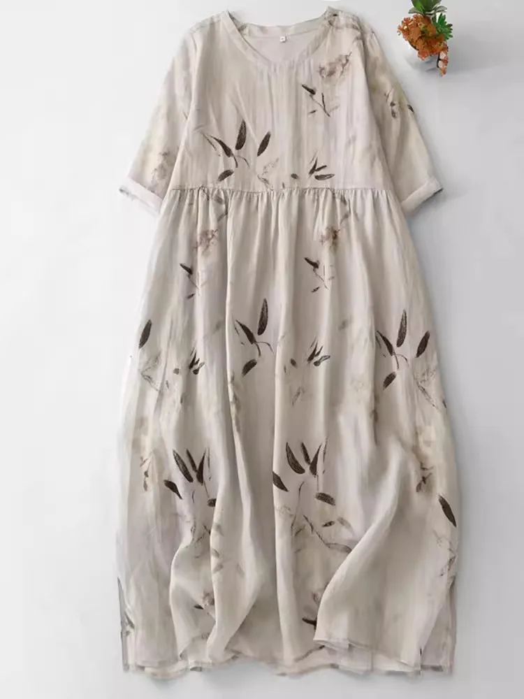 

Женские платья с принтом листьев, новинка 2024, летняя одежда для мамы с коротким рукавом и круглым вырезом, повседневный свободный элегантный женский сарафан, женский халат