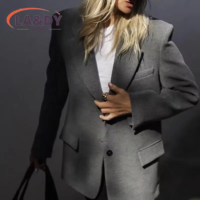 New Blazer Coat Women 2024 Office Lady Single Breasted Long Sleeve Shoulder Pad Suit Jacket Female Outwear