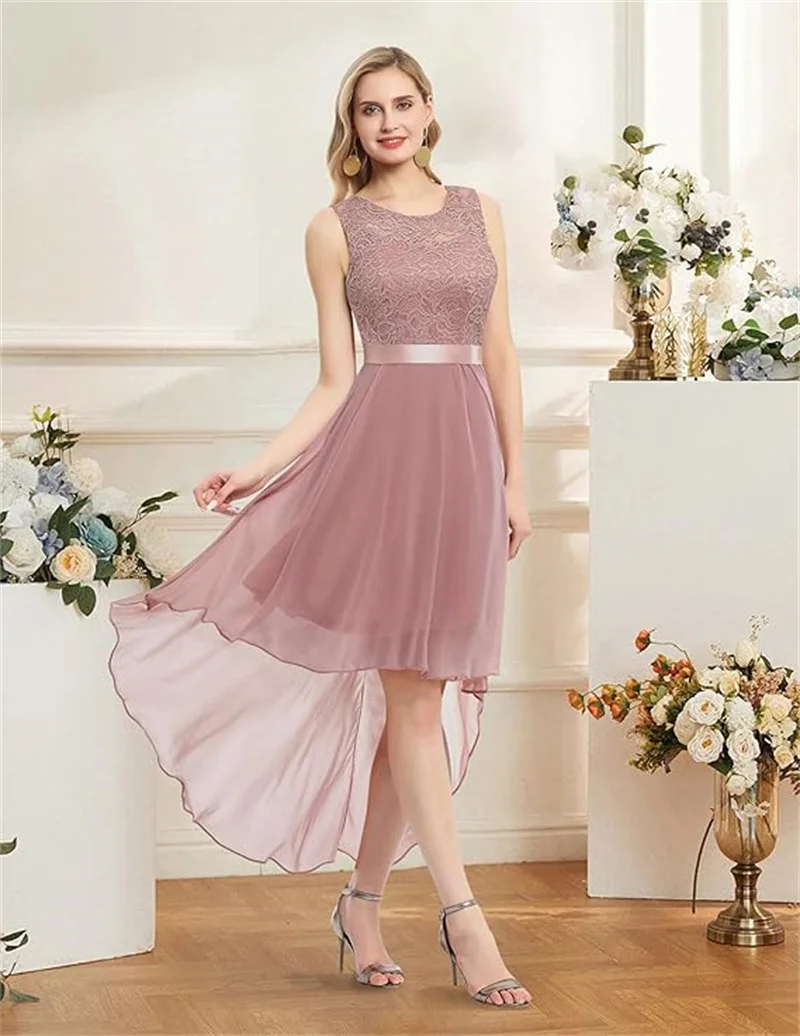 

Индивидуальные однотонные коктейльные платья для встречи выпускников Вечерние свадебные платья для гостей Кружевное платье без рукавов с высоким и низким вырезом для выпускного вечера