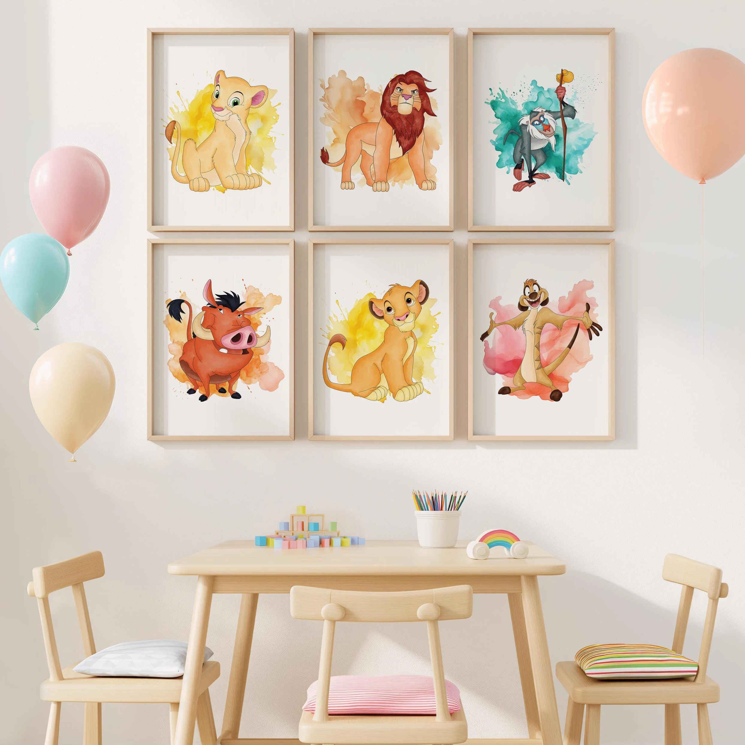 

MINISO Disney Watercolor Lion King Wall Art Simba Musaffa Nala Timon Pumbaa Nursery Wall Painting Children's Room Decoration