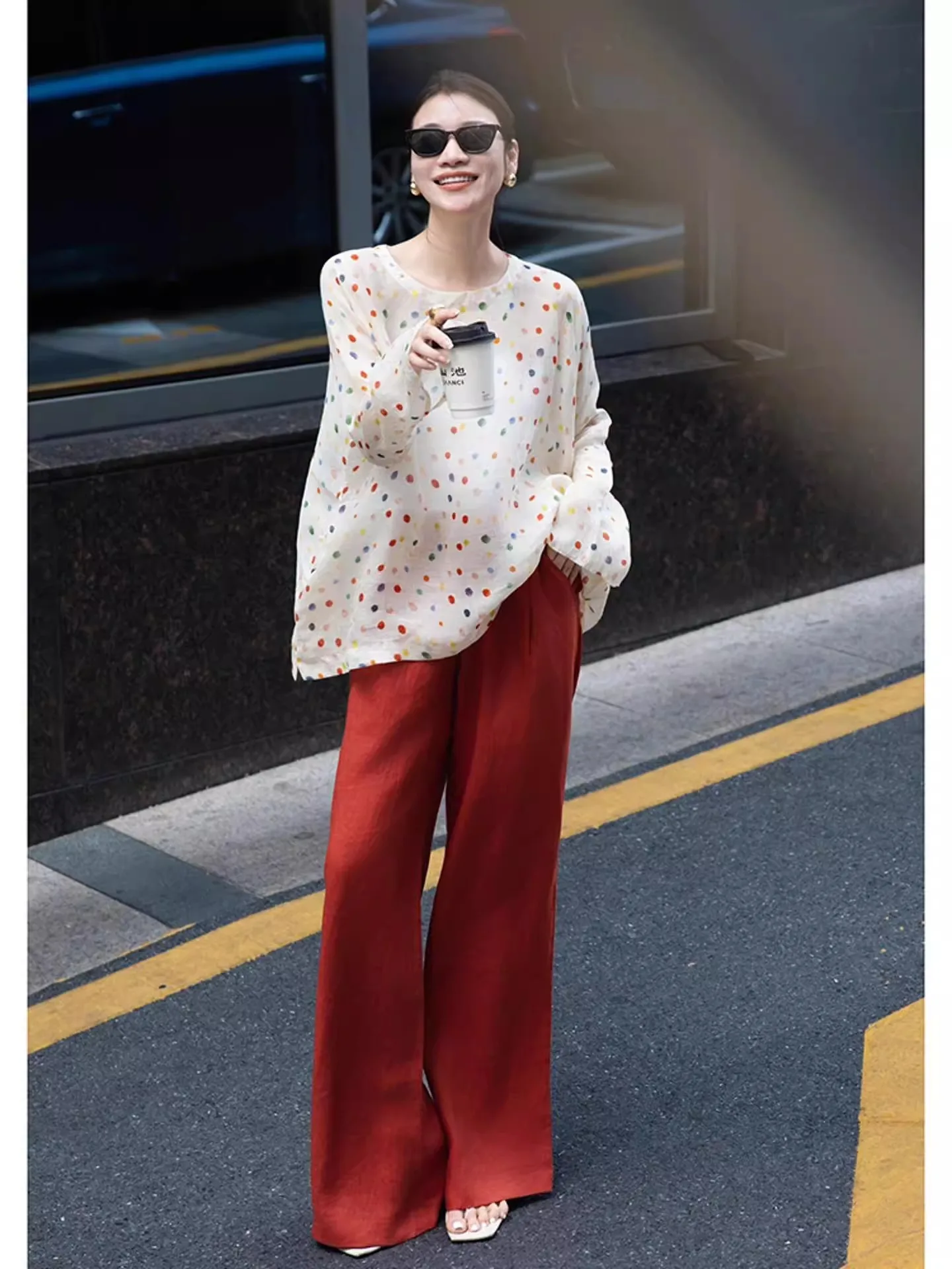 2025 Otoño Faion Set Ele Lady Long Sve Polka Dot irt Pantalones de pierna ancha Conjunto de dos piezas Ropa de trabajo French Sle Mujer C...