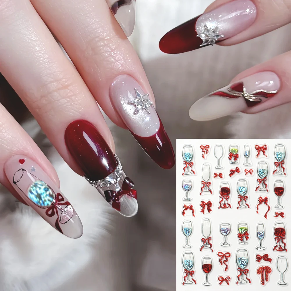 1/2 pz 5D Fiocco Rosso Tazza di Vino Design Unghie artistiche Adesivi Sparkly Glitter Calice Bowknot Adesivo Decorazione Del Chiodo Decalcomania Nail ArtSupply