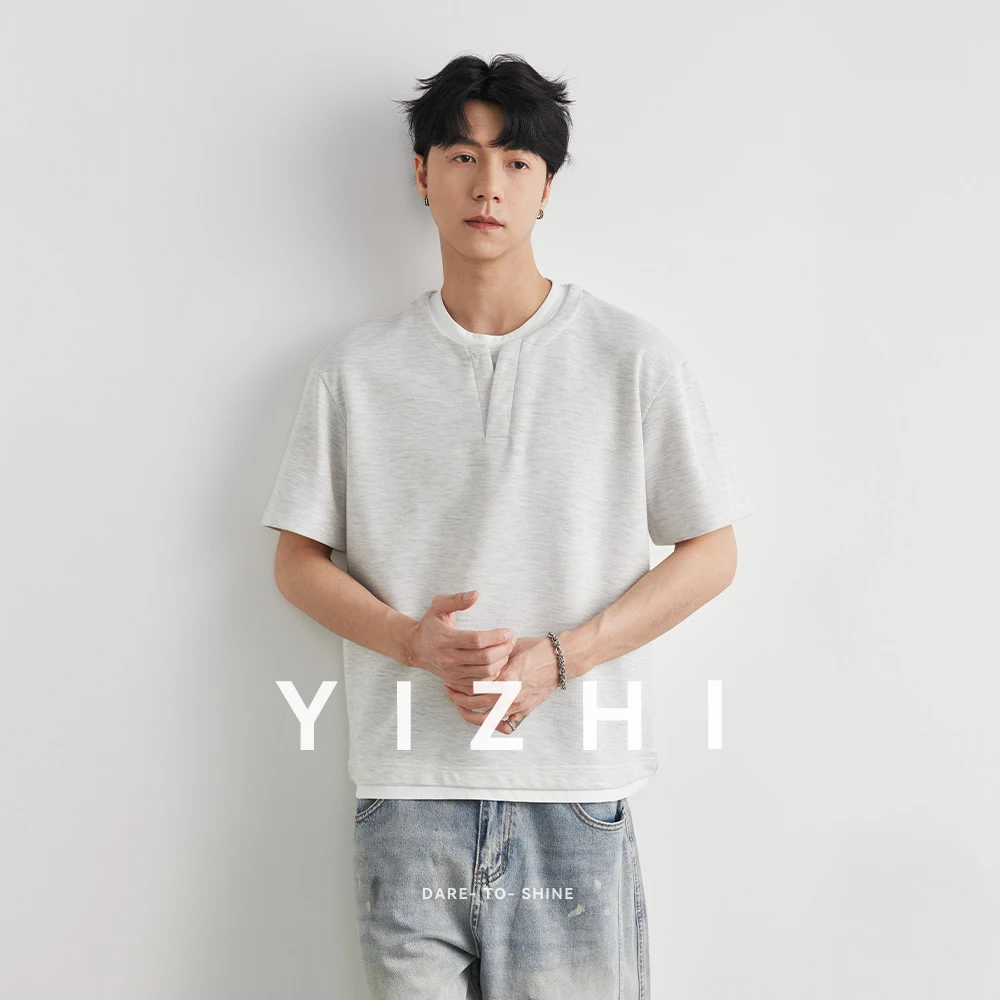 Men's Japanese Fake Two-Piece Henley Neck Short Sleeve T-shirt 2026 Summer Color Block Loose Drop