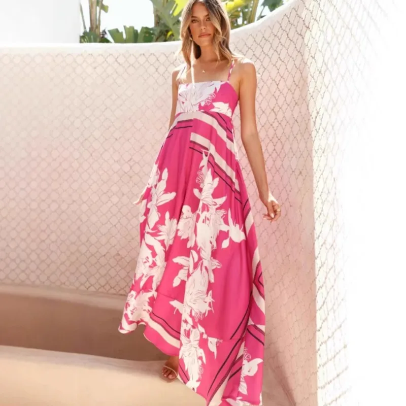 

Sexy Backless Floral Print Sundress 2025 Summer New Spaghetti Strape High Waist A-line Boho Long Dresses Women Holiday Outfits