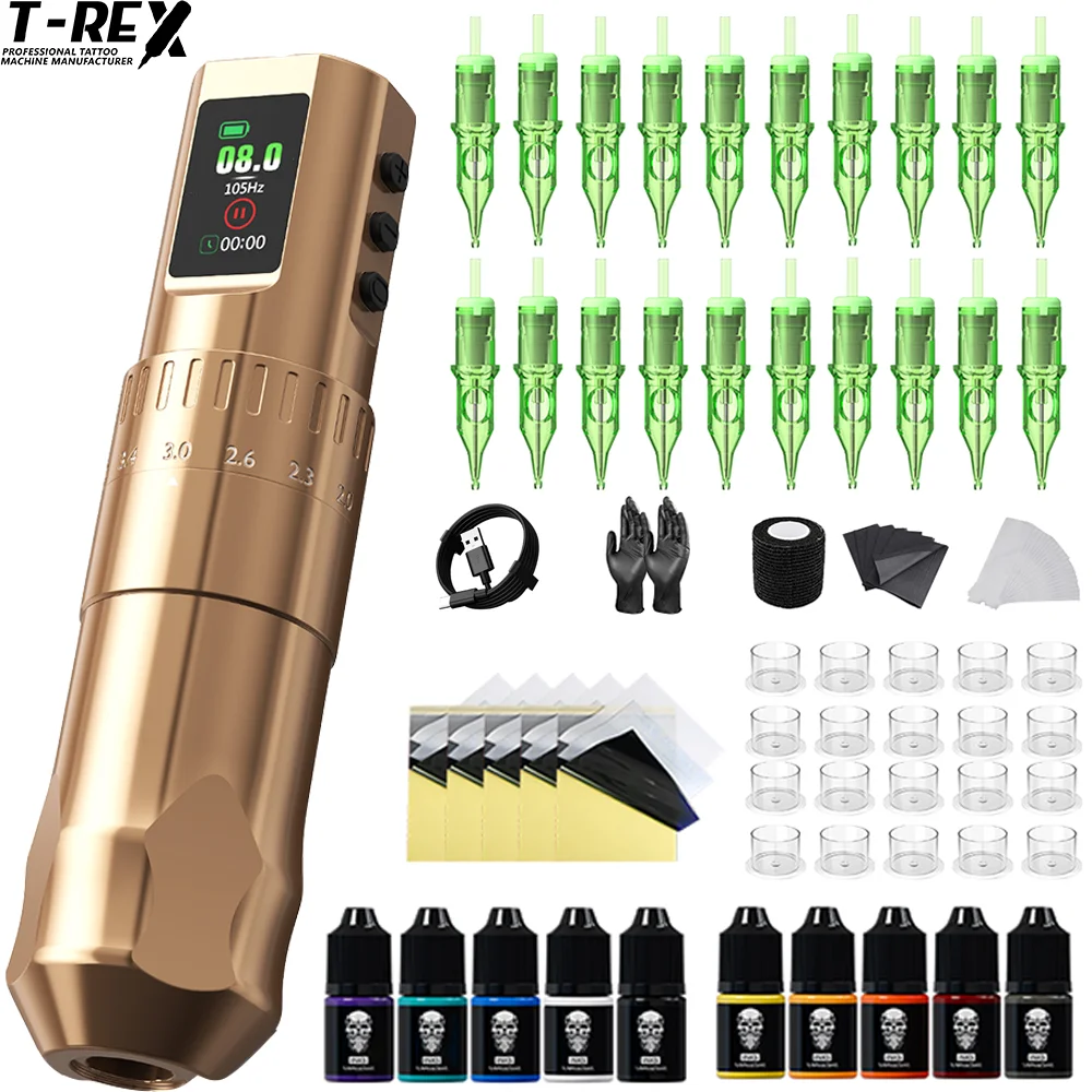Kit de Pluma de Tatuaje Inalámbrica T-Rex con Carrera Ajustable de 2.3-4.5mm, Batería de 2200mAh, Set Completo de Suministros para Tatuajes