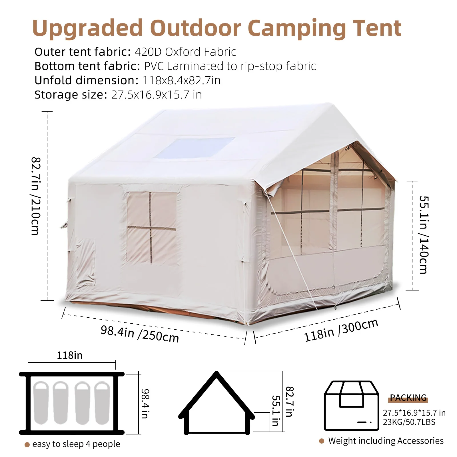 Barraca inflável para acampamento, 6-8 pessoas, barraca inflável com bomba, portátil, fácil configuração, barraca de ar, 4 estações