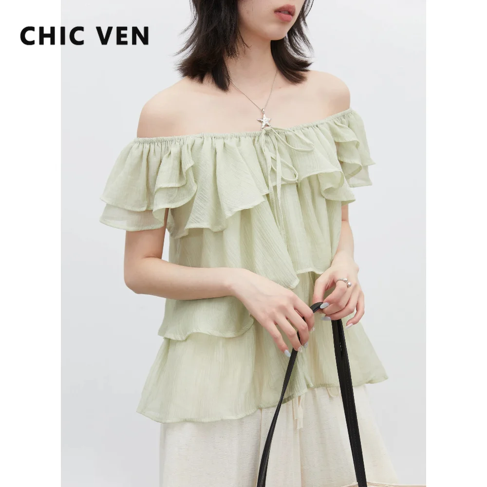 CHIC VEN Women's T-shirts Korean Slash Neck Double Layered Ruffle Edge Off Shoulder Short Sleeve Tops Casual TeesSummer New 2026