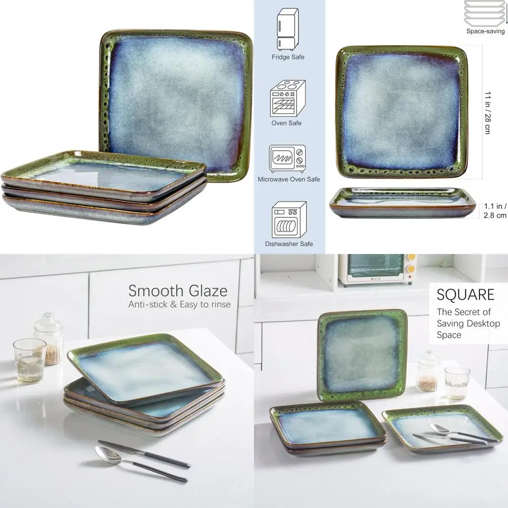 

Eleven-Inch Ceramic Square Dinner Plates, 4-Piece Serving Dishes Set for Steak, Pasta, Salad, Stoneware Dinnerware, Dishwasher S