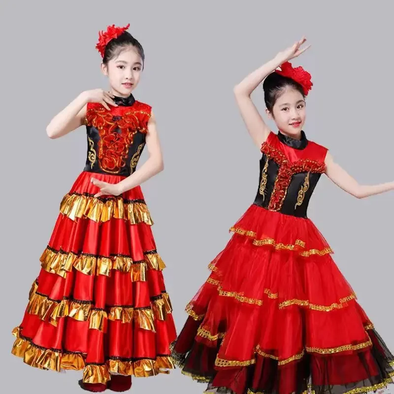 Children Spanish Flamengo Dress for Girl Bullfighting KIds Belly Dance Costume Ballroom Gypsy Chorus Stage Performance Vestidos
