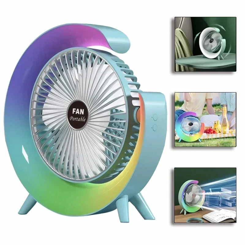 

2024 New Portable Desktop Fan Rotating 1800mAh USB Rechargeable Home Outdoor Fan with Colorful LED Night Light