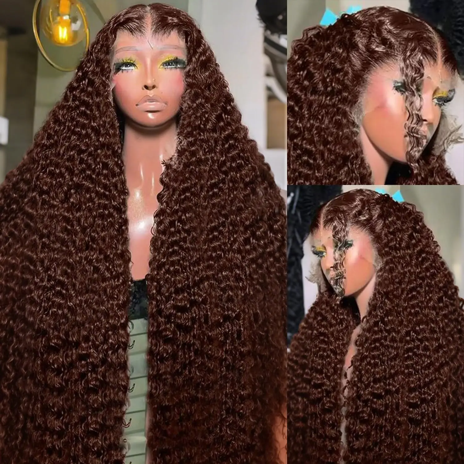 250% Density 13x6 HD Chocolate Brown Deep Curly lace front wigs Pre Plucked Real Water Wave HD Lace Front Wigs Human Hair 24inch