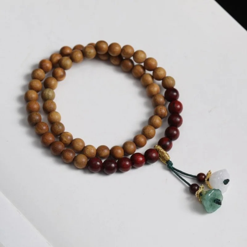 UMQ Green Sandalwood Double Circle DIY Bracelet Buddha Beads Pterocarpus Santalinus Twin Lotuses Canopy Flower Boy Ladies Couple