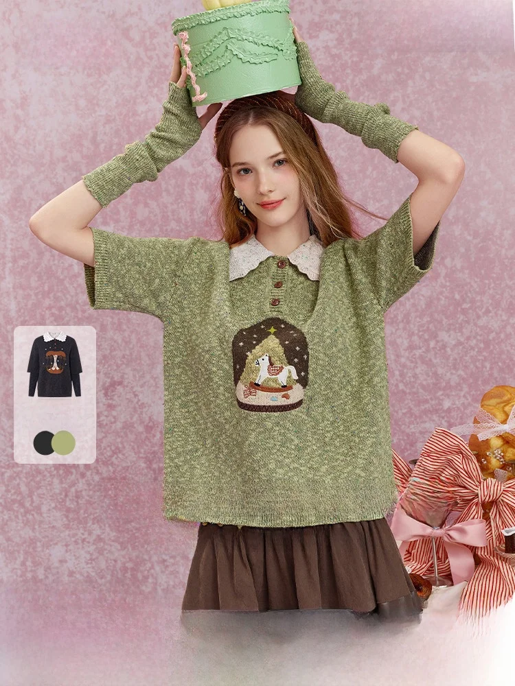 

Rebellious Sugar Dust Doll Collar Patchwork Embroidered Sweater Women's Sle Contrast Color Autumn New Arrival Commute Faion