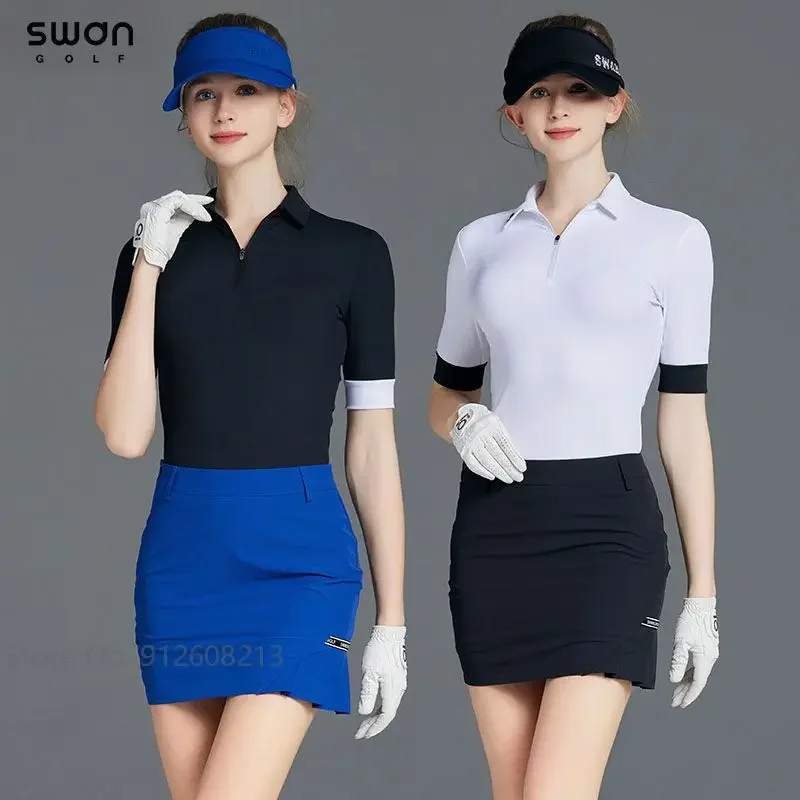 SG Ladies Zipper Collar Tops Short Sleeve Slim Golf Shirts Women High Waist Pencil Skirt Sports Pleated Golf Skorts Set Fast-Dry