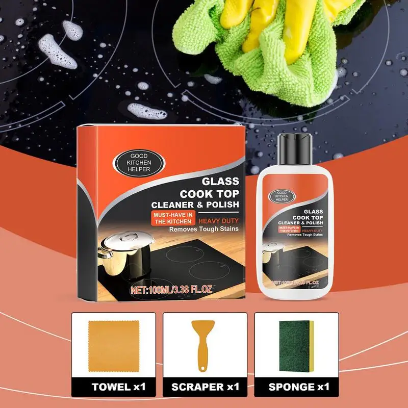 Cleaner Kit For Kitchen Heavy Duty Non-Scratch Cooktop Cleaner Glass Cleaning Kit Ceramic Non-Abrasive Powerful Kitchen