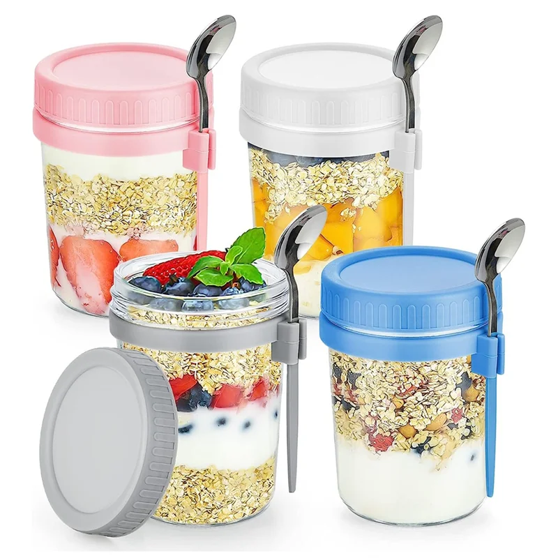 4 Pack Overnight Oats Containers with Lids and Spoons 16 Oz Mason Jars for Overnight Oats Leak Proof Oatmeal Container