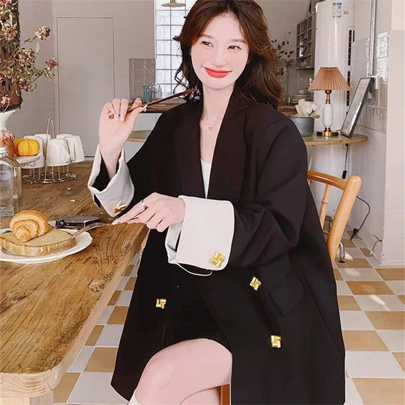 Korean Loose Women\'s Blazer Black Classic Suit Jackets Fashion Double Breasted Outerwear Elegant Luxury Spring Fall Coats