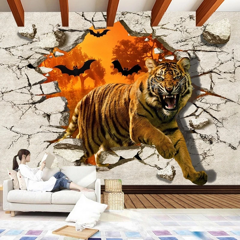 Customized Mural Wallpaper Tiger Broken Wall 3D Creative Photo Living room TV background wall bedroom restaurant wall fabric 8d