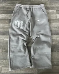 American street vintage print drawstring casual wide-leg pants women Y2k Harajuku Goth couple sports pants loose straight pants