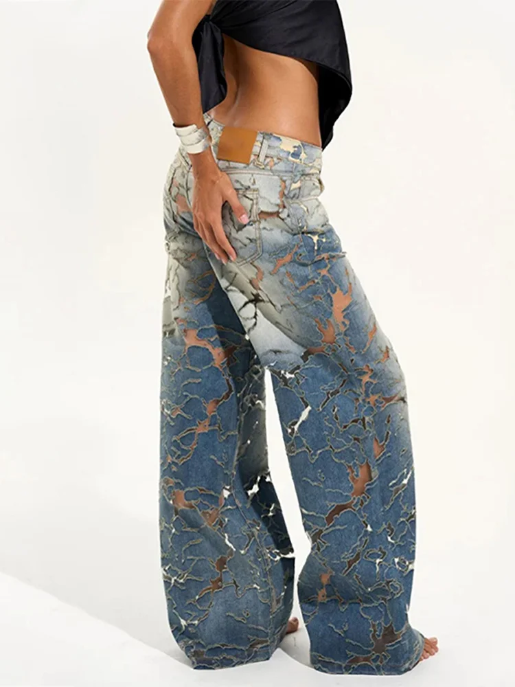

Designer Women's Burn-out and Cut-out Denim Jeans Chic High Waist Wide Leg Baggy Jeans Y2K 2000s Streetwear Casual Lady Trousers