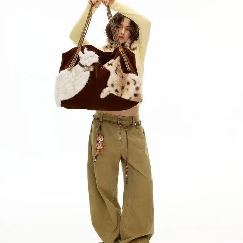 Cute Retro Puppy Tote Bag Women Leather Texture Plush Large Capacity Shoulder Bag Ladies Fashion Casual Versatile Crossbody Bags