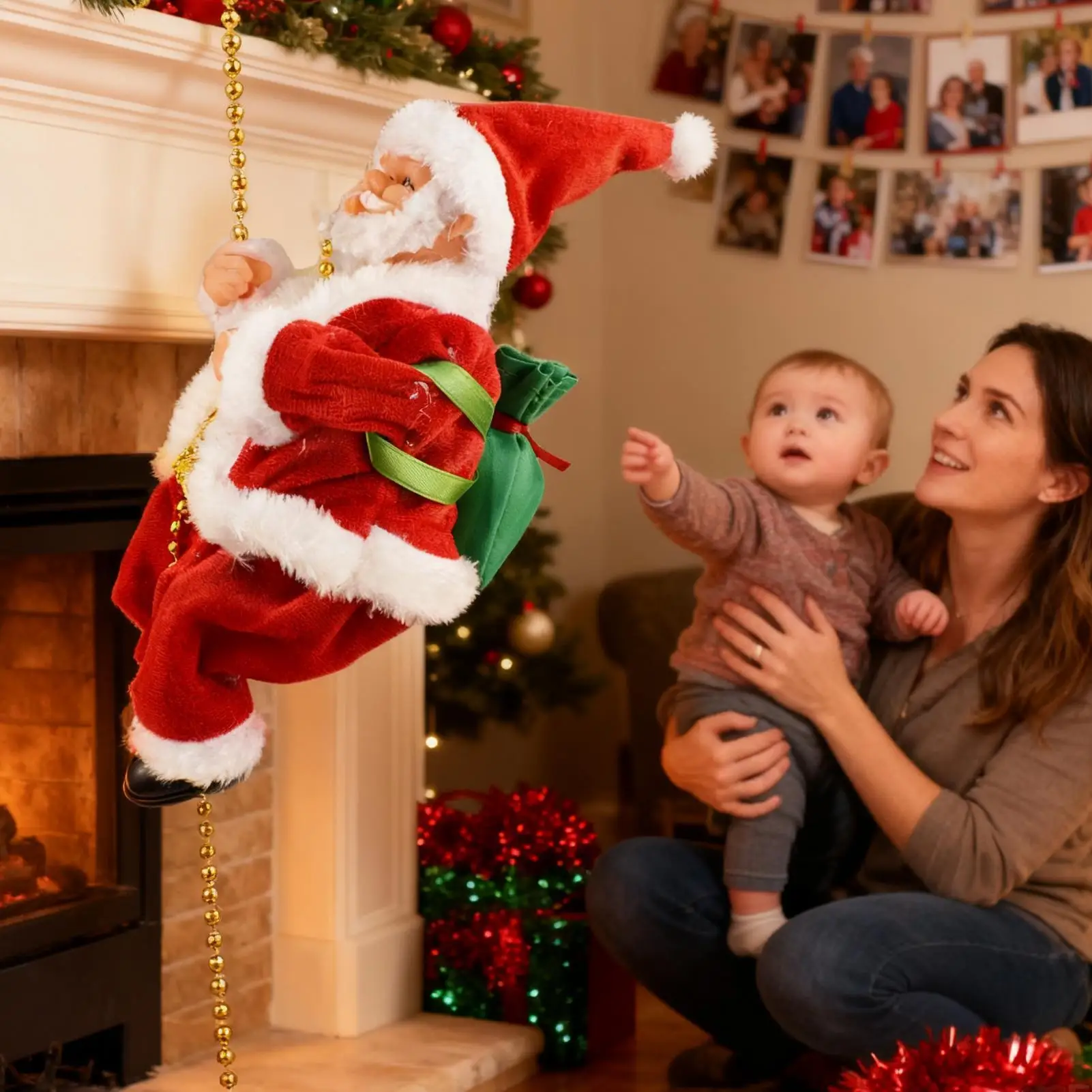 Divertenti perline da arrampicata di Babbo Natale, alimentate a batteria, arrampicata elettrica su e giù, Babbo Natale con decorazioni natalizie musicali