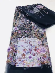 African 3D Flower Lace Fabric 5 Yards 2025 High Quality With Sequins Embroidered French Nigerian Beads Lace Fabric For Wedding