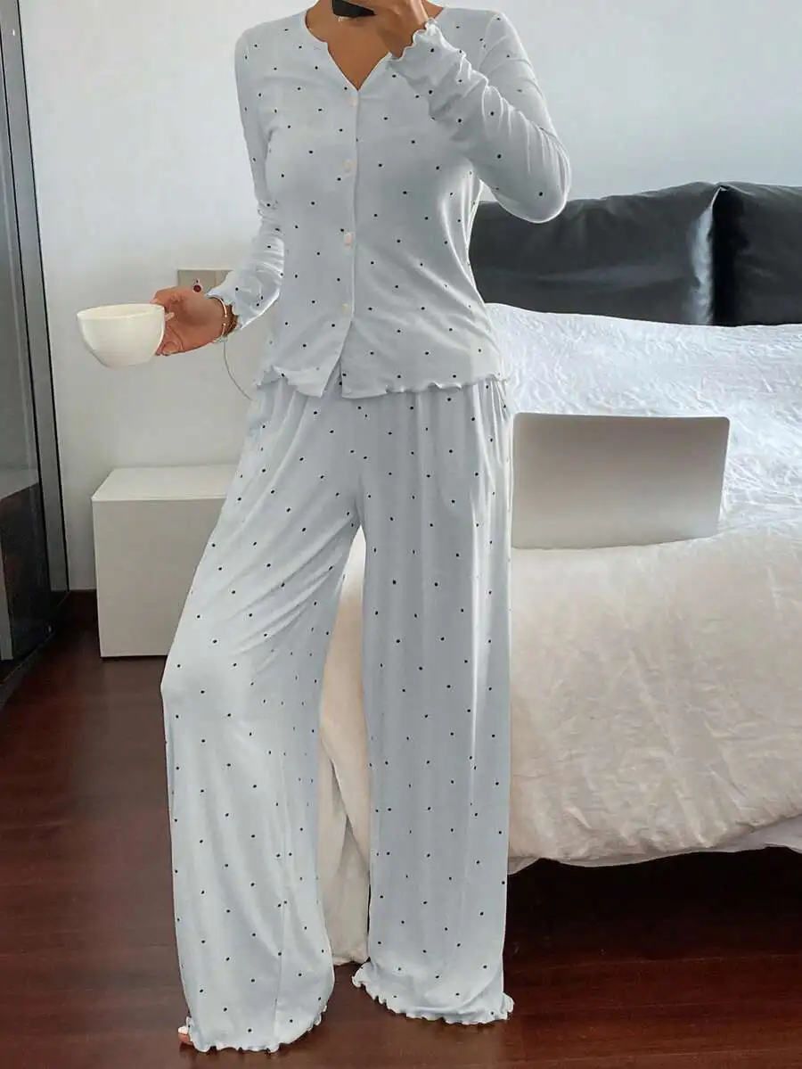 

Women Polka Dot Print Lapel Collar Long Sleeve Ruffle Hem Pajama Set