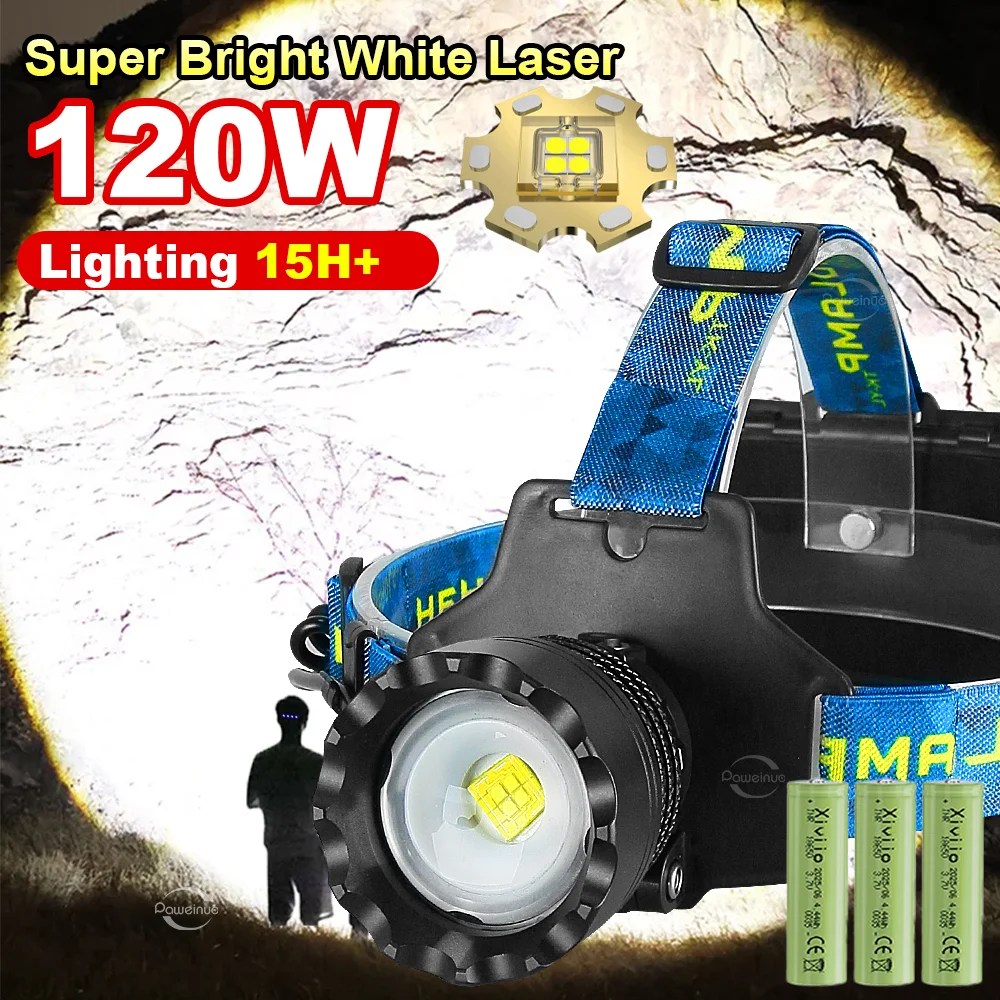 120W Ultra Powerful LED Headlamps Super Bright White Laser Long Range Head Flashlight Rechargeable Head Torch Adventure Fishing