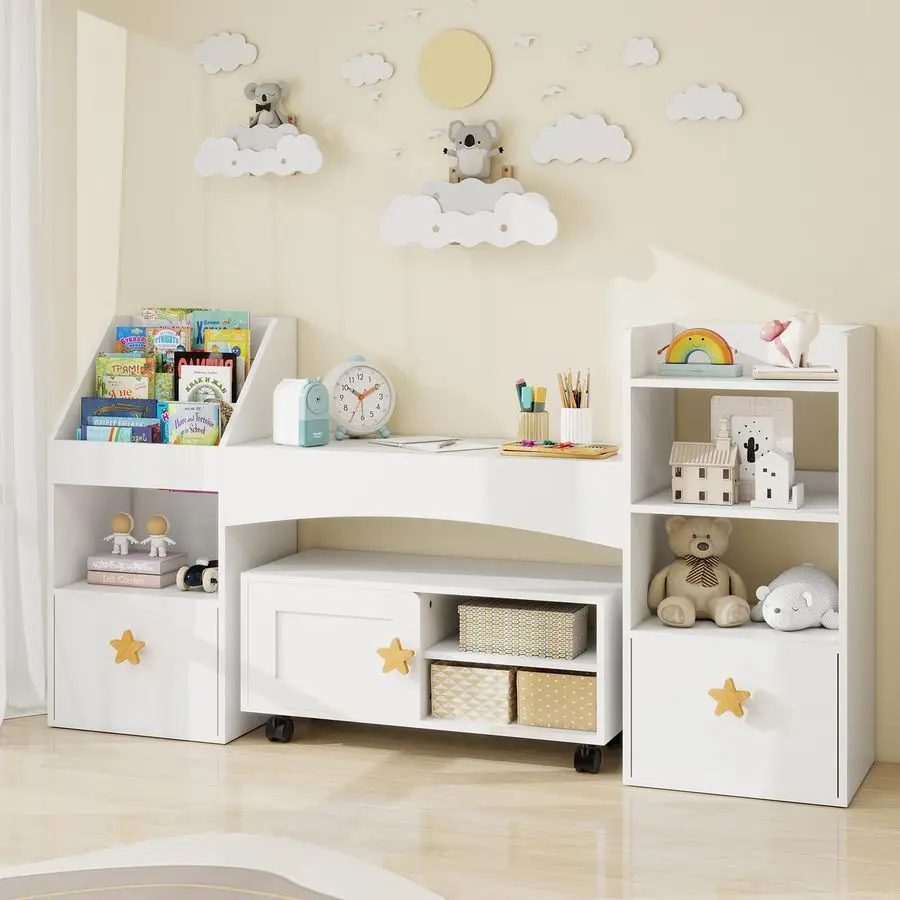 55 Kids Bookshelf with Reading Nook, Kids Bookcase with Desk and Toy Storage Drawers, 6 Storage Cubbies and Storage Cabinet with