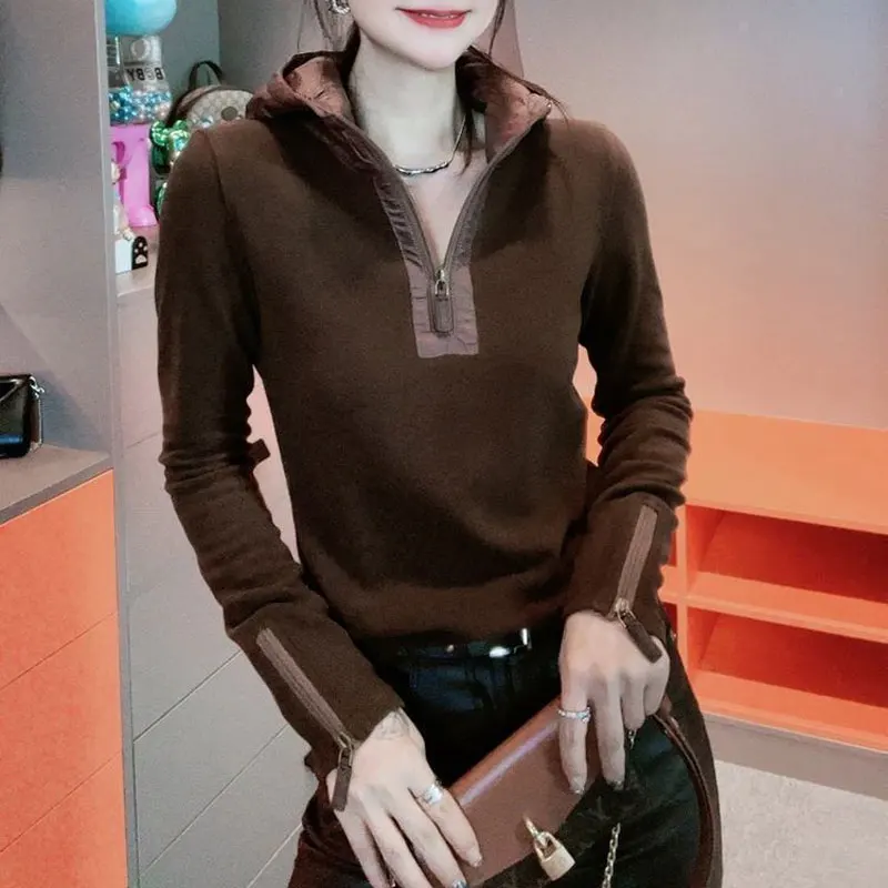 Commute Hooded Fashion Zipper Pullovers Female Clothing Slim Solid Color Spring Autumn Long Sleeve All-match Spliced Sweatshirts