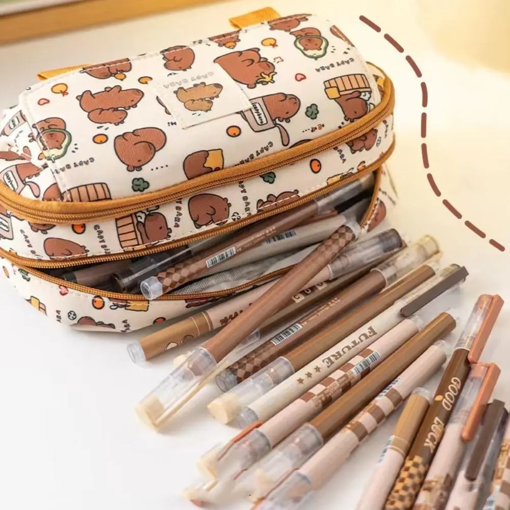 Storage Bag Kawaii Capybara Pencil Bag Cute Aesthetic Pencil Case Multi-layer Zipper Stationery Bag Desktop Organizer