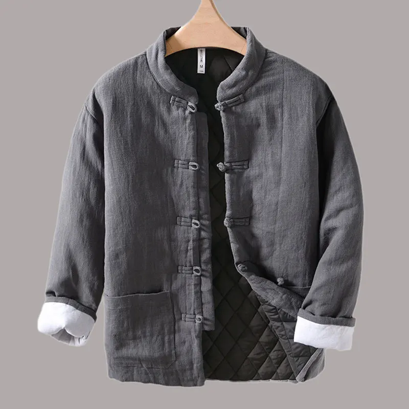 

Мужская Теплая стеганая куртка в китайском стиле, свободная однотонная универсальная хлопковая льняная куртка в стиле Харадзюку С узелком на пуговицах, мужская верхняя одежда